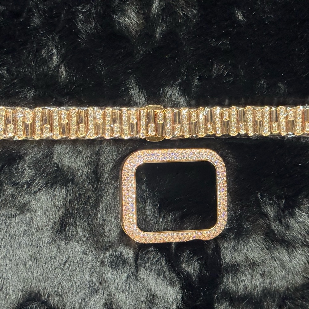 Avu Le Vu For Apple Watch Series 10 46MM Band, Bezel Zircon Crystal Rose Gold
